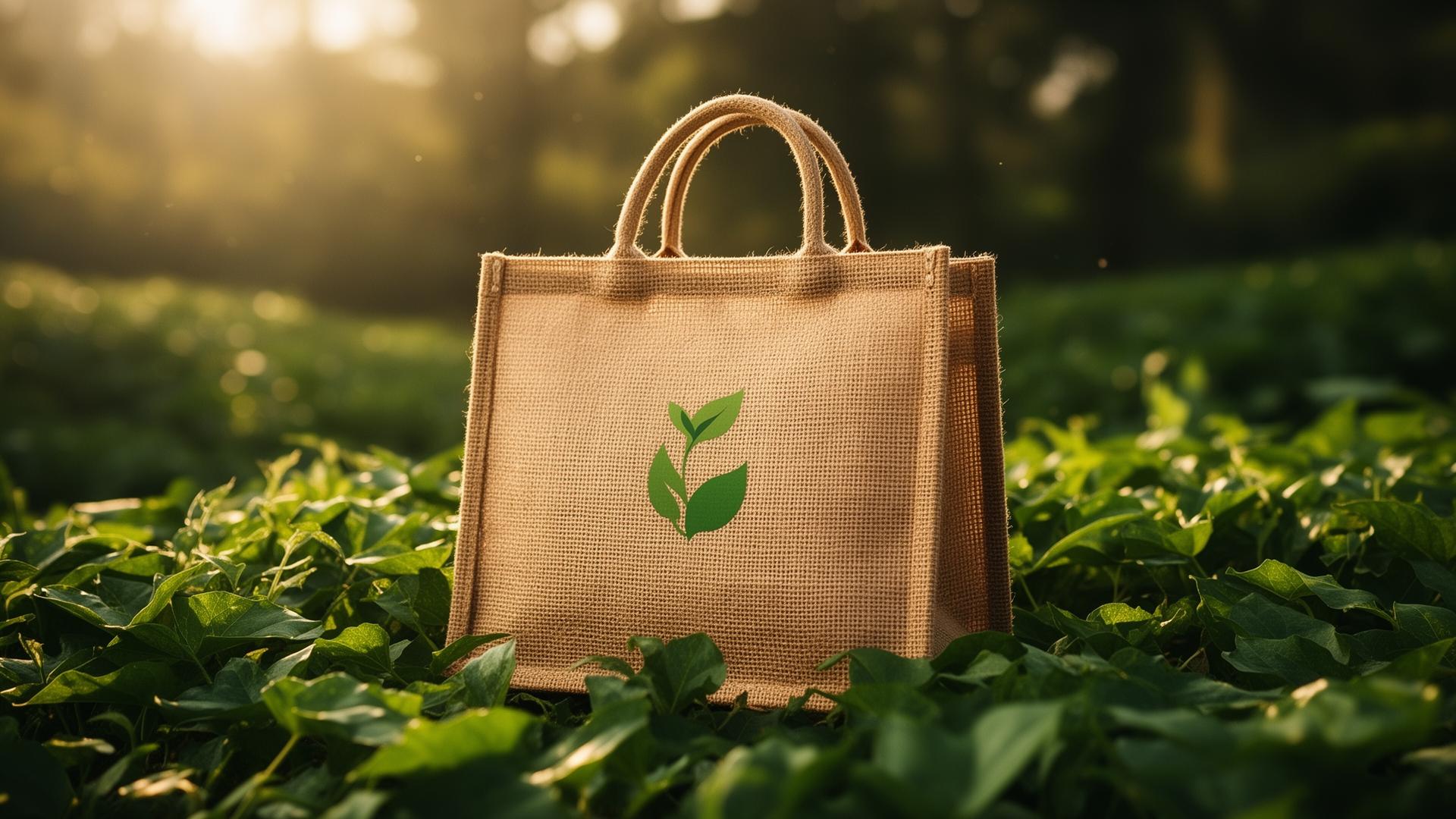 Premium GreenJutex jute shopping bag with leaf logo on lush green leaves