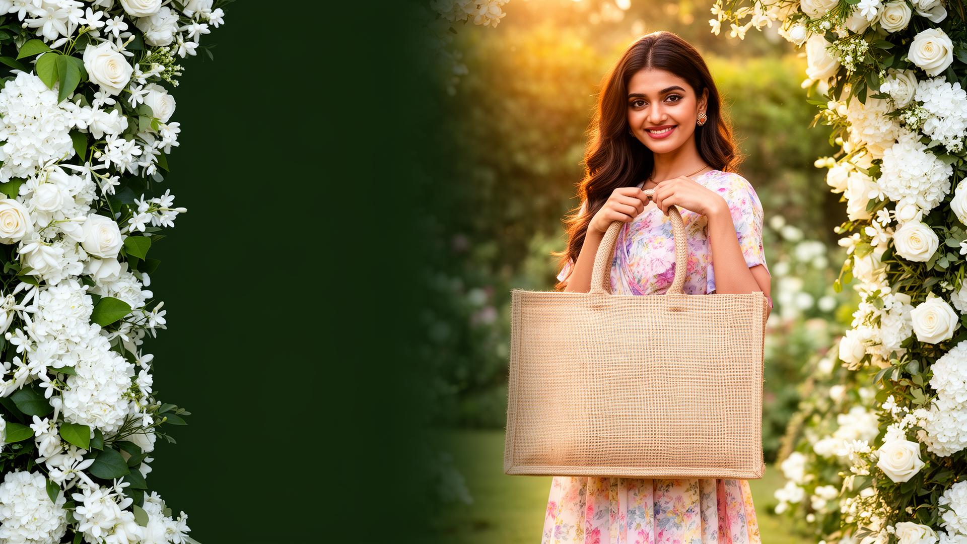 Woman in flowy spring dress holding a jute tote bag walking past a garden of white flowers